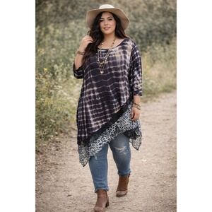 Ali Miles Asymmetrical Lace Tunic Top L Mixed Media Boho Jersey Artsy Stretch